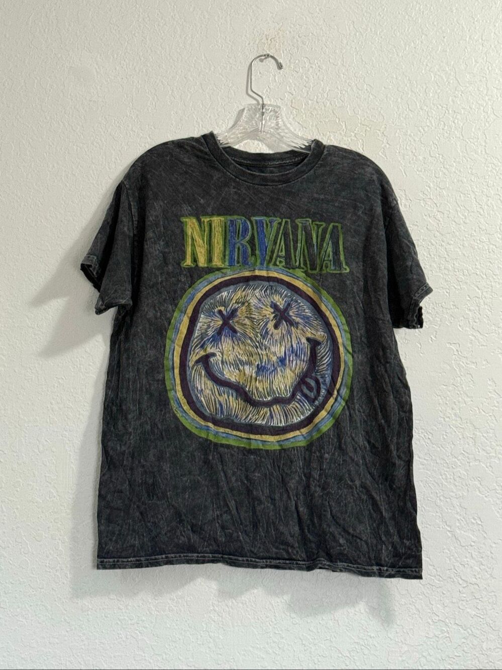 Nirvana T-Shirt Gray Tie-Eye Smiley Logo 90s Y2K Music Rock Tee Size L